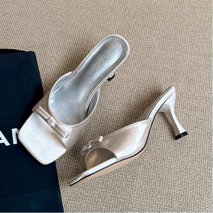 Square Toe 6cm/8cm High-heeled Sandals, Straight Drag Bow Sandals For Women