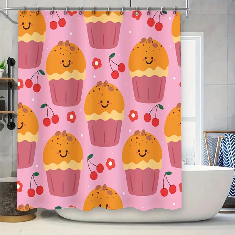 Cute cupcake shower curtain with smiling faces perfect for a bathroom Pink background with cherries and nuts. Made from waterpr