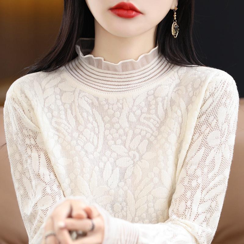 Весенне-осенний женский кружевной топ крючком, французская элегантная трикотажная нижняя рубашка с внутренней темперацией