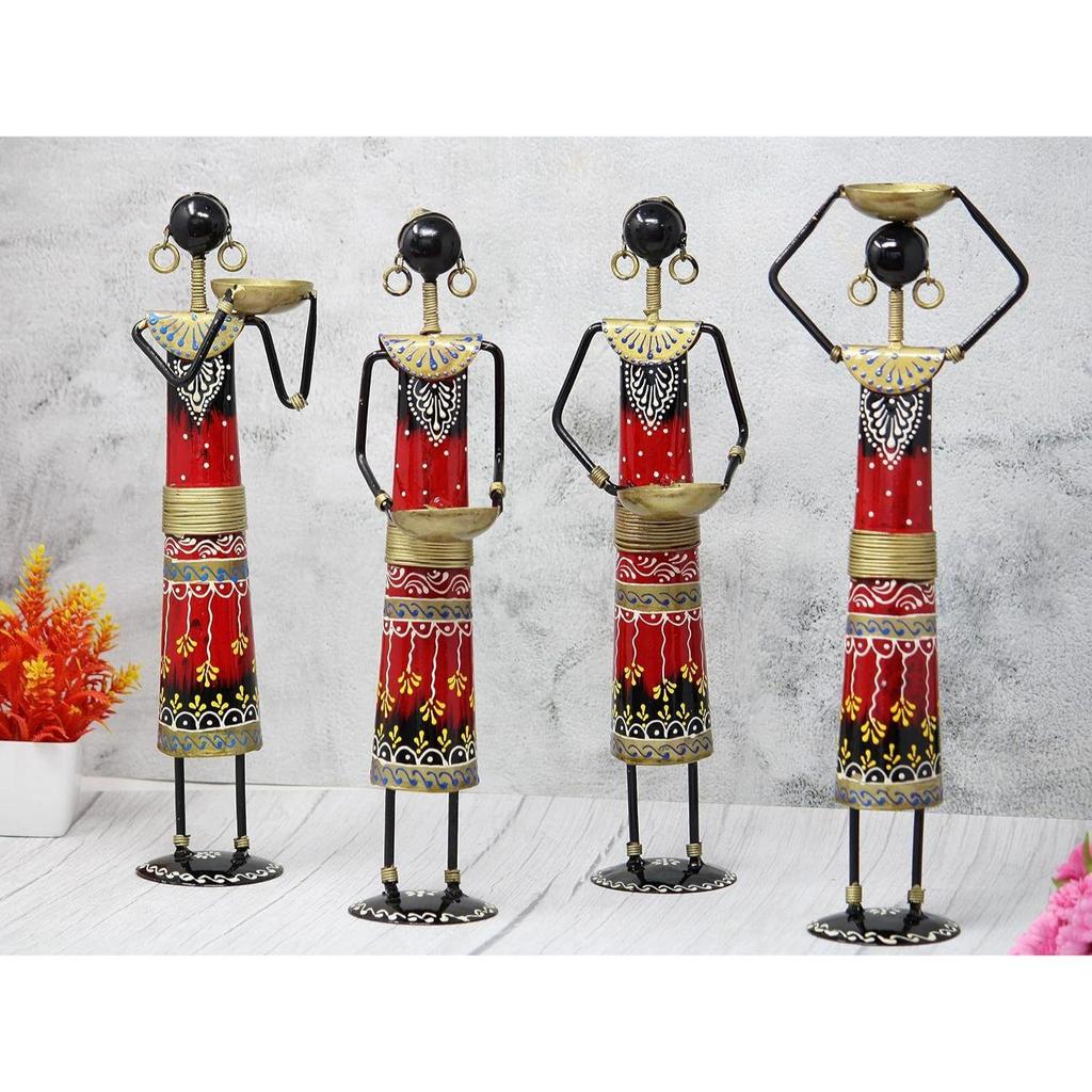 Iron Tribal Village Lady Doll Nerga Worker Showpiece Decorative Items for Home Décor (Length 3 Inch *Height 13.5 Inch) Set of 4 Pcs, Multicolor, Space