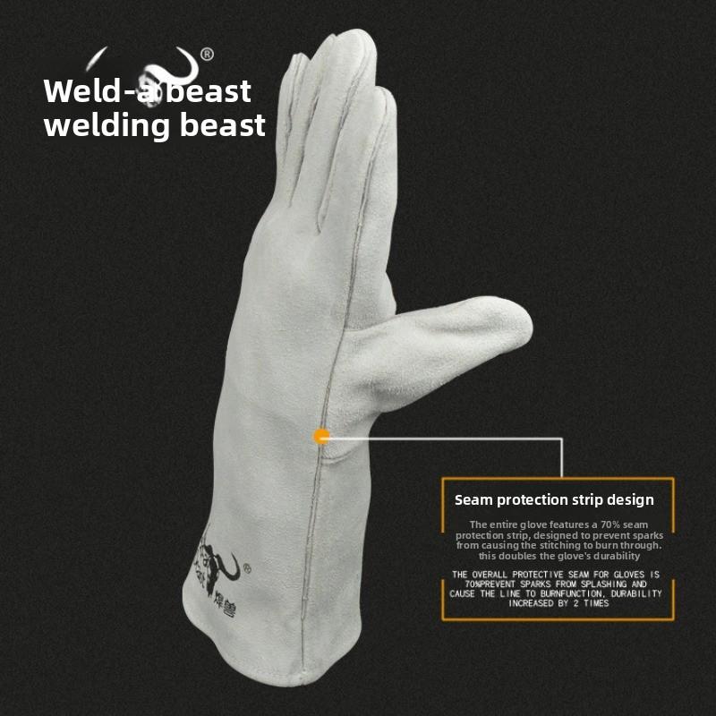 Сварочные перчатки Welding beast - удлиненные, полностью кожаные. прочная коровья кожа, термостойкая