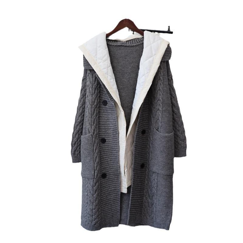 Long Over-knee Splicing Cotton Clothes Knitted Cardigan Autumn and Winter New Hooded Loose Design Sweater Jacket Women