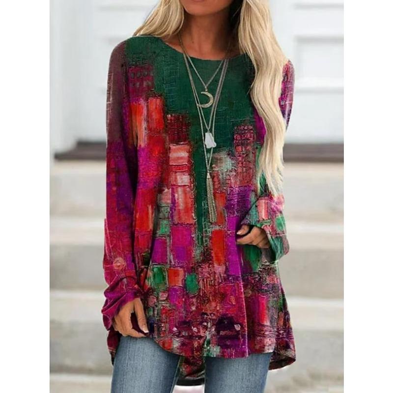 Зимняя футболка с длинным рукавом, модная женская одежда, футболка с круглым вырезом и длинным рукавом, трендовый топ с принтом, осенняя свободная футболка