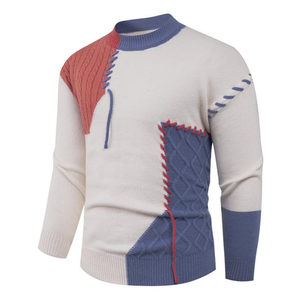 Men's Casual Color-blocked Sweater, Warm And Fashionable Pullover, Paired With A Round-neck Knitted Sweater Inside