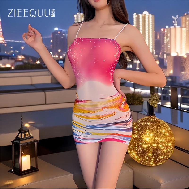 Sex Underwear Sexy Suspender Skinny Spice Girl Hip Wrap Skirt Printed Rainbow Slim Fit Perspective Dress