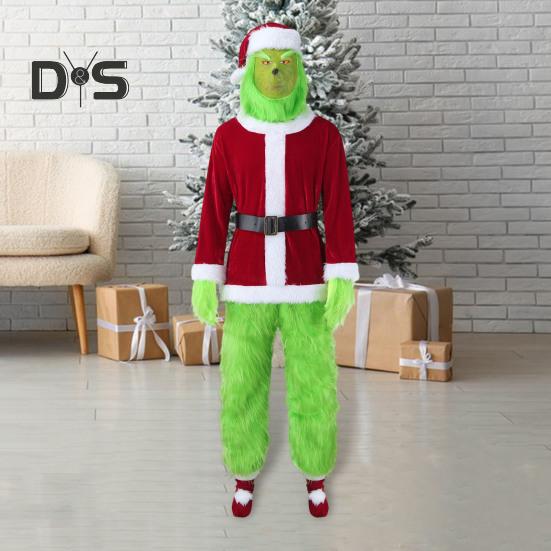 1 Set Christmas Costume Includes Top Pants Hat Belt Gloves And Shoe Cover Green Cartoon Furry Animal Cosplay Santa Performance Drama Stage Opera
