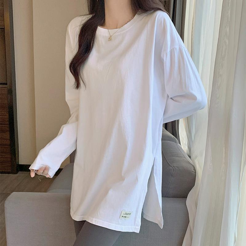 Design sense niche split fork foreign style bottoming shirt women's autumn pure cotton white inner long-sleeved t-shirt cover butt top