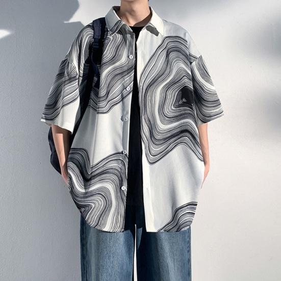 Летняя мужская рубашка в стиле ретро с абстрактным принтом и половиной рукавов в стиле хип-хоп, свободный контрастный цвет, однобортный отложной воротник, быстросохнущий мягкий дышащий топ
