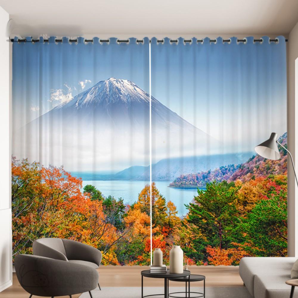 Romantic Cherry Blossom Pattern Curtain Mount Fuji Landscape Decor Curtain Japanese Sushi Nikki Restaurant Window Curtain 2PCS