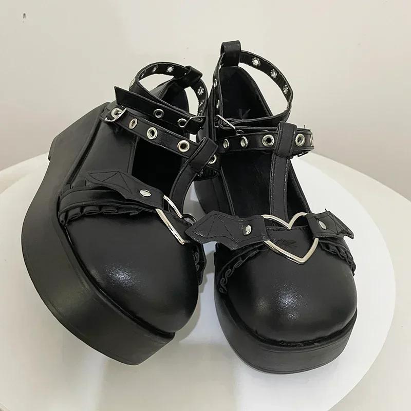 Fashion New Sweet Heart Buckle Wedges Mary Janes Women Pink T-Strap Chunky Platform Lolita Shoes Woman Punk Gothic Cosplay Shoes 43