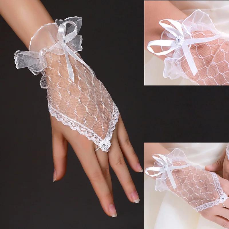 Fashion Lace Fingerless Tulle Short Gloves Ultra Thin Stretchy Mesh Bride Vintage Bowknot Wedding Party Wrist Gloves Accessories