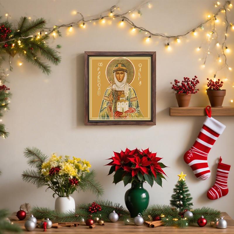 Декоративная роспись православных икон, Освященная икона "Святая Ольга", Роспись фоторамки, Христианское настенное искусство, 20 см*20 см, Духовный декор в подарок