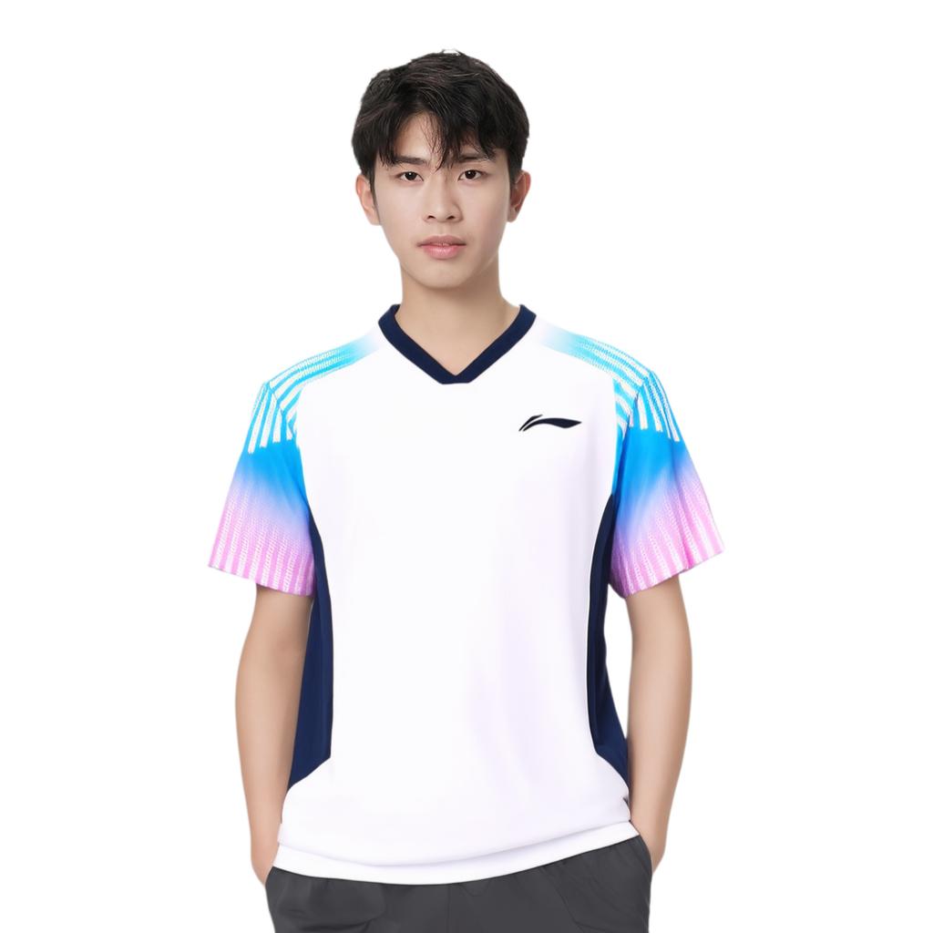 Li Ning Серия Бадминтон Высококачественная Динамичная Полосатая Мягкая Дышащая Футболка с V-образным вырезом и коротким рукавом Унисекс Топы Белый AAYV199-1