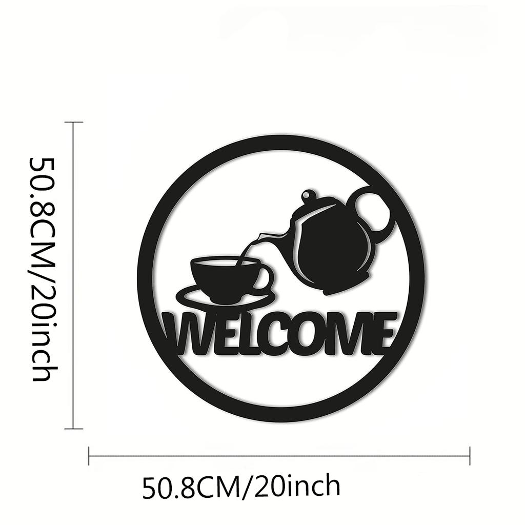 Teapot Welcome Metal Sign: Charming Tea Time Decor with Teapot and Saucer—Perfect for Creating a Cozy Home Atmosphere