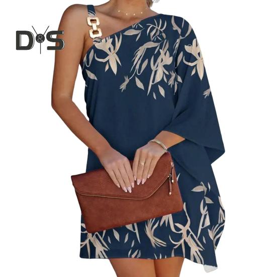 Летнее женское платье с одним рукавом «летучая мышь» с открытыми плечами, нерегулярный принт, наклонный вырез, свободная цепочка, декор, пляжное мини-платье для отпуска