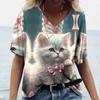 Fashionable Women's T-Shirts Cute Kitten 3D Print Girl Summer Harajuku Loose Casual Clothing Kawaii V-Neck Short Sleeve T-Shirts