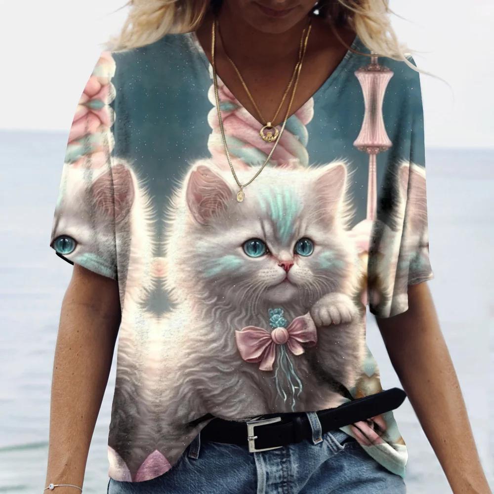 Fashionable Women's T-Shirts Cute Kitten 3D Print Girl Summer Harajuku Loose Casual Clothing Kawaii V-Neck Short Sleeve T-Shirts