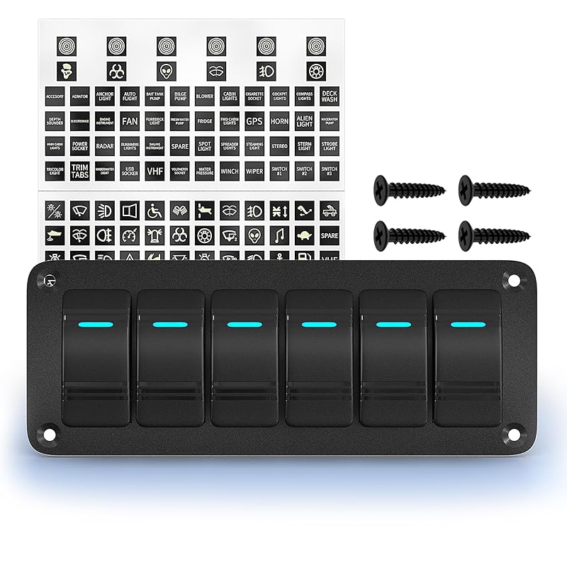 Joinfworld 6 Gang Rocker Switch Panel 12V Marine Boat Switch Panel Waterproof 12 Volt Blue LED Light Toggle Switch Panel ON Off With Pre-Wired For