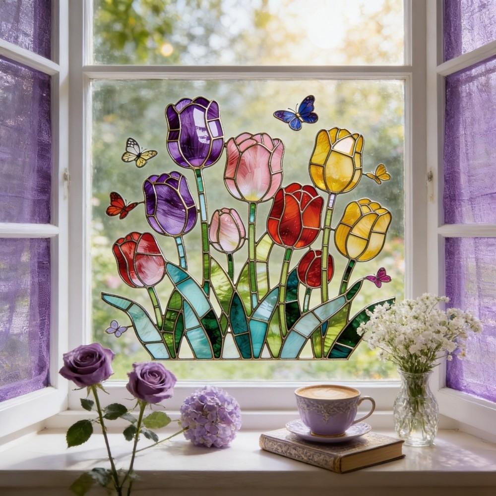 Removable Tulip Glass Stickers Self-adhesive Butterfly Wall Stickers Tulip Window Decals Window