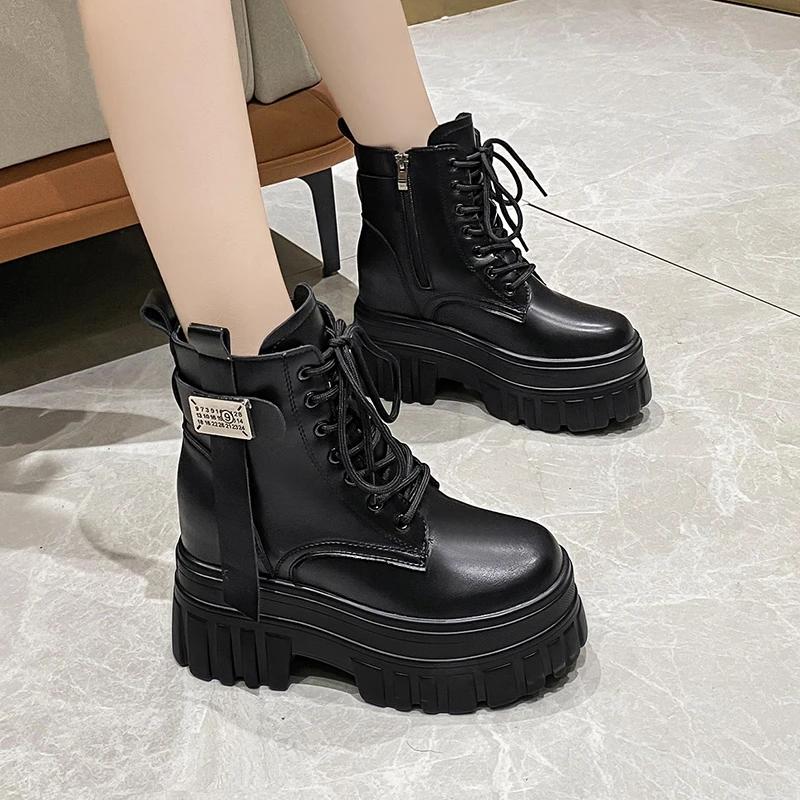 Зимние ботинки Мотоциклетные ботинки на высокой платформе Теплые женские ботинки на толстой подошве с танкеткой Новые осенние кожаные туфли для женщин