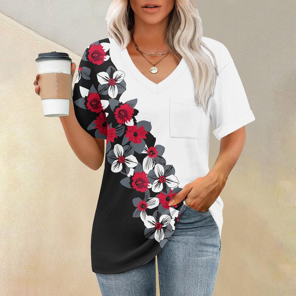 Футболка с коротким рукавом и V-образным вырезом с принтом растений