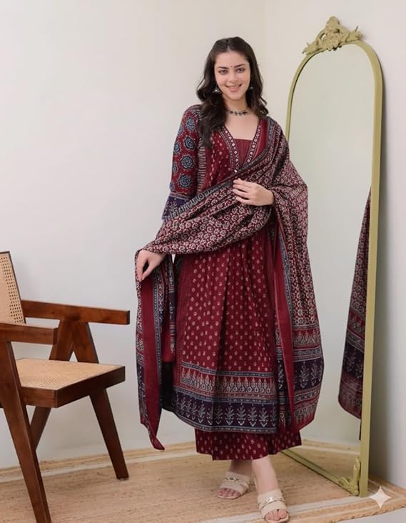 Женский set: printed Anarkali Kurta из вискозы, брюки и дупатта