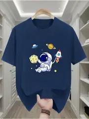 Unisexs Casual Cotton TShirt with Astronaut and Planets Print Short Sleeve Crew Neck Comfortable Sportswear Top for Teens