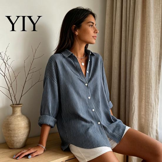 Women Collared Shirts Striped Shirt for Summer Autumn, Button Down Single Machine Washable Breasted Blouse, Dressy Casual Long Sleeve Top Breathable