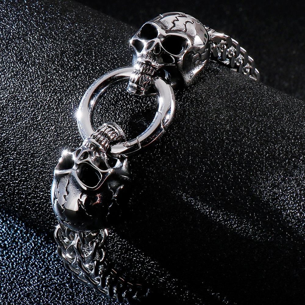 Мужские браслеты в стиле панк-рок, череп из нержавеющей стали, 12 мм, 8,7 дюйма, двойной браслет-цепочка Франко, мужской байкерский скелет, мужские ювелирные изделия