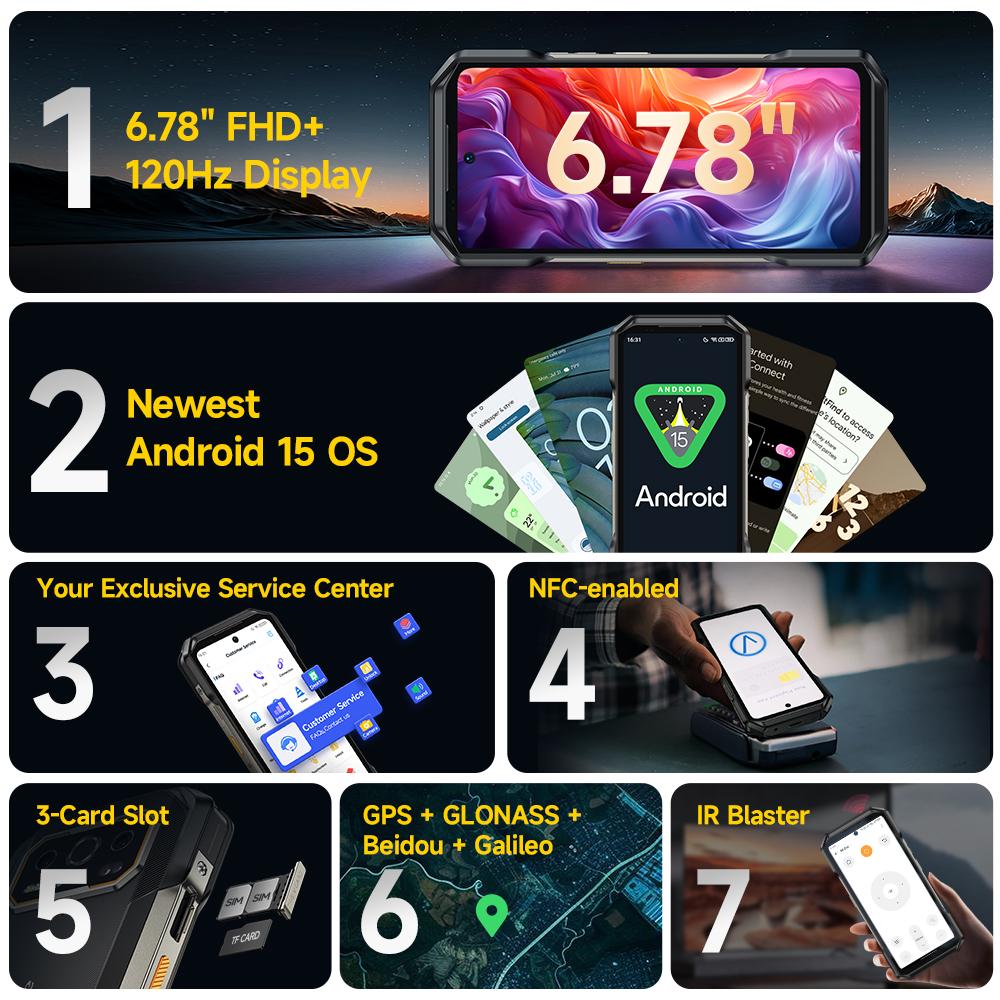 Ulefone Защищенный телефон Armor 27T Pro+ 5G 10600 мАч Android 15 50 МП+64 МП Ночная камера 6,78" 120 Гц 24 ГБ+256 ГБ NFC Мобильный телефон