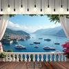 2D Роскошный фон с видом на море, Балкон с занавесками и лодками, Фон для фотобудки