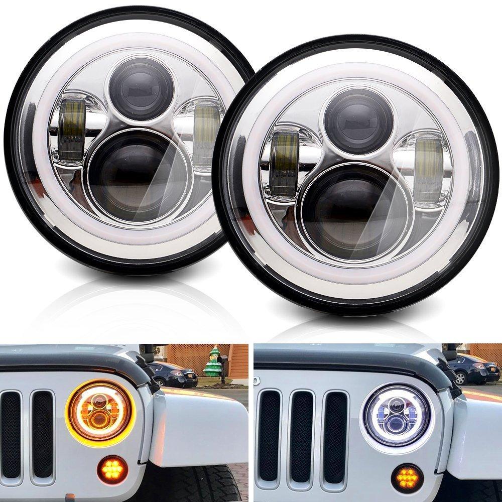 2pc Car 7" Headlights For Land Rover Defender 90 110 Round LED Headlight Kit Angel Eyes nn Halo For Lada Niva 4X4 Offroad Accessory