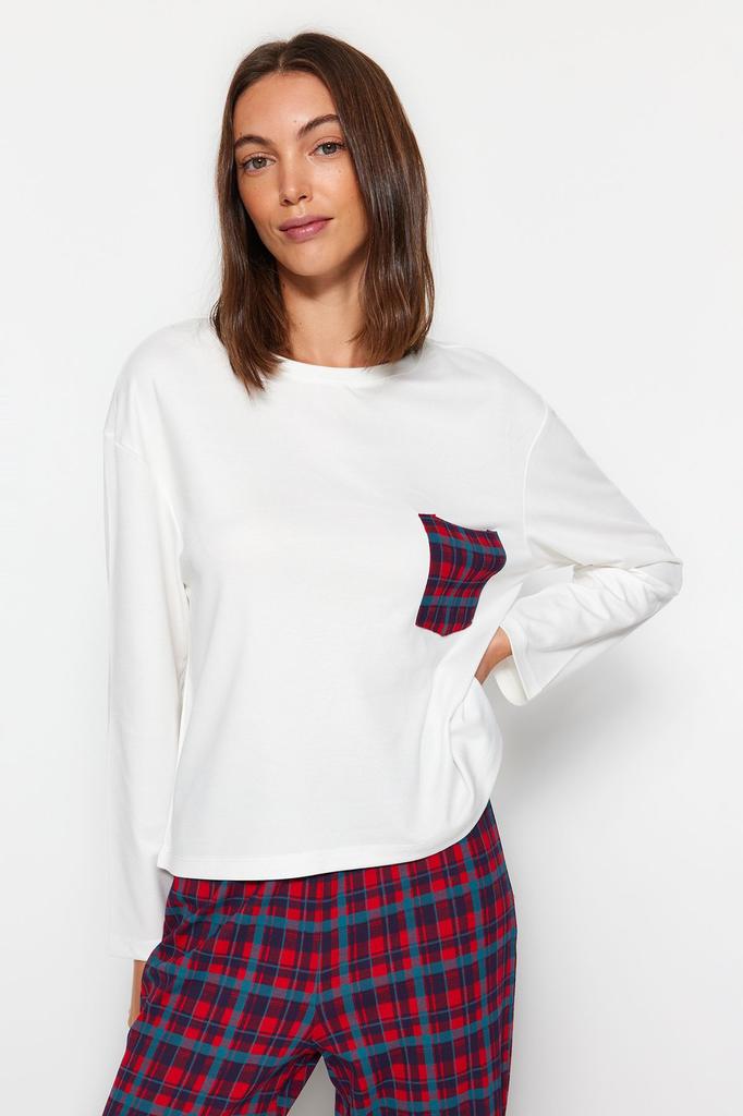 Women's Fashion Premium White 100% Cotton Plaid Tshirt-Pants Knitted Pajama Set