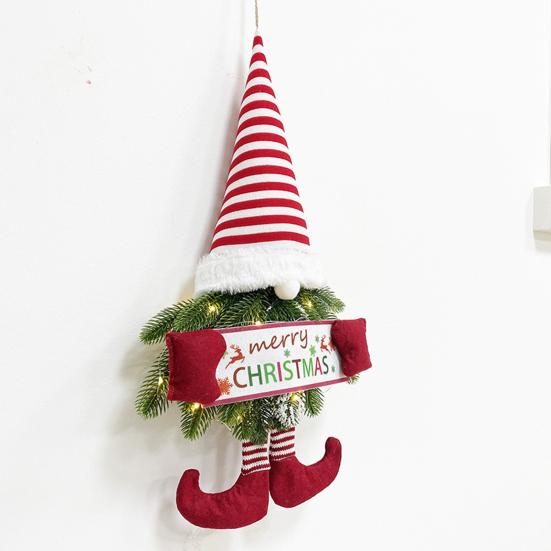 Рождественский венок Гном со светодиодными лампами Искусственный венок из сосновых иголок Подвесной карликовый орнамент спереди