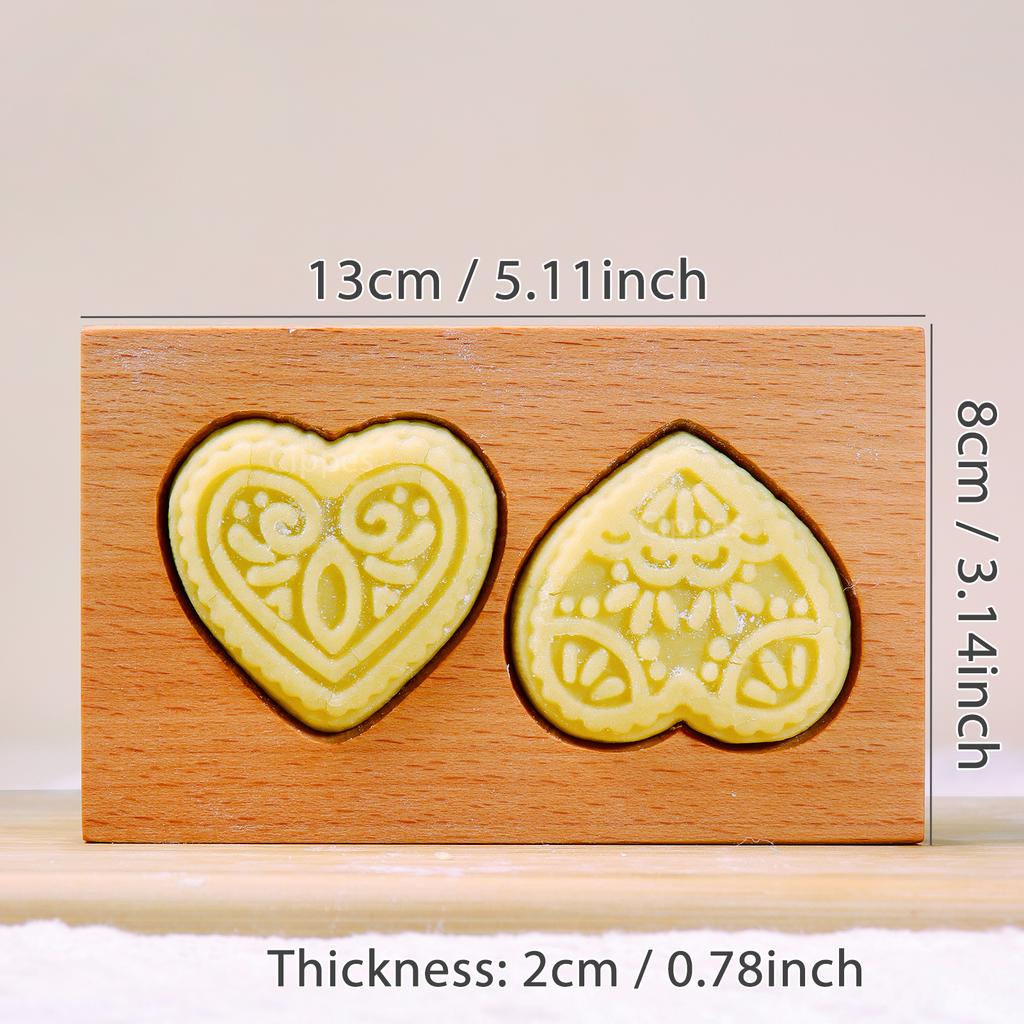 Wood Cookie Molds with Heart & Flower Patterns, 3D DIY Carved Embossed Cookie Cutter Moulds for Baking, Fondant Cake Biscuit