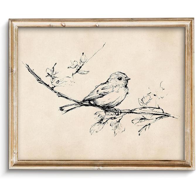 Vintage Bird on Tree Branch Sketch Wall Art Decor Minimalist Drawing Canvas Prints Wall Decor Neutral Line Art Farmhouse Style Wall Decor for Gallery