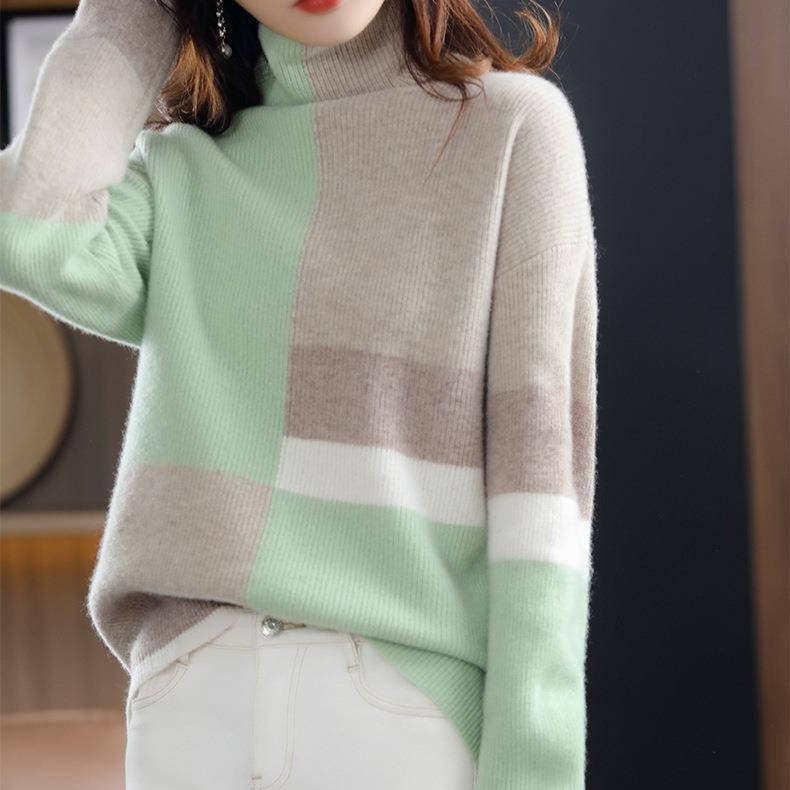 Women's Turtleneck Sweater Contrasting Pullover Sweater Autumn Winter Soft Loose Knitwear Long Sleeve Knit Tops