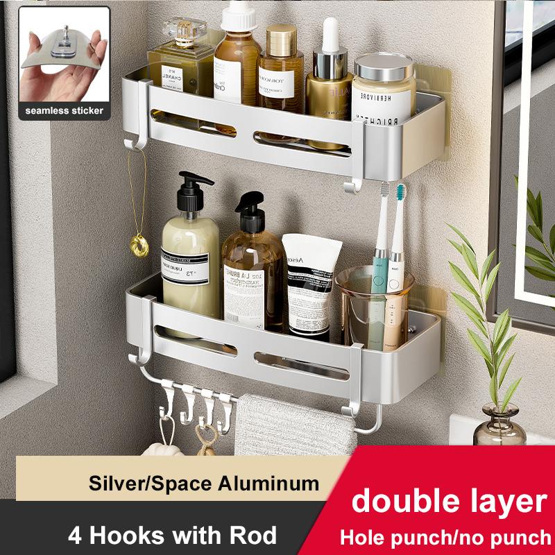 Bathroom Shelves No Drill Shampoo Storage Rack Wall Mounted Shower Corner Shelf Space Aluminum Kitchen Organizer Rack