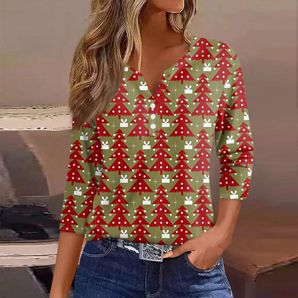 Women's T Shirt Tee Christmas Print Button 3/4 Sleeve Daily Weekend Fashion Basic V Neck Regular Top
