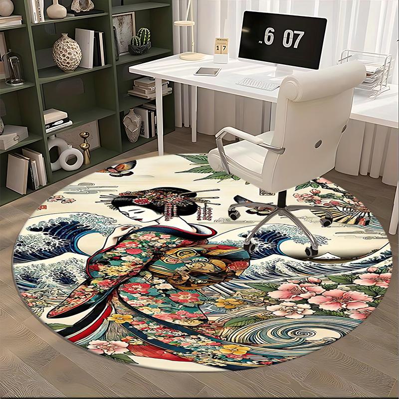 Japanese Geisha,Traditional Kimono Chair mat Round Rug-Office carpet, Machine Washable, Non-slip, Suitable for Living Rooms, Bedrooms, Entry