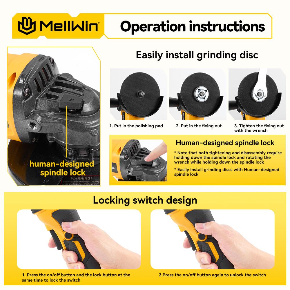 MELLWIN Аккумуляторная угловая шлифмашина 3000 Вт с бесщеточным двигателем и двумя аккумуляторами 18 В