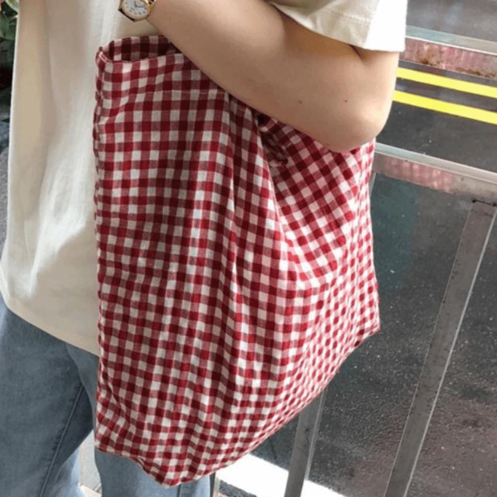 Print Grid Pattern Canvas Bag Retro Handbag Simple Printed Shoulder Bag Women
