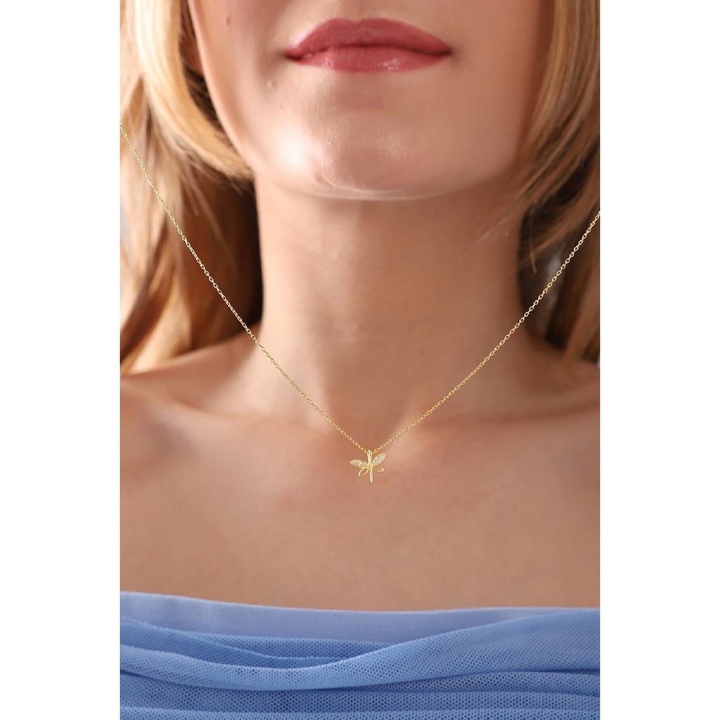 Женское ожерелье из стерлингового серебра 925 пробы с минимальной стрекозой и белым цирконом