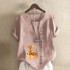 Women's Fashion Giraffe Prined Round Neck Short Sleeve T-shirt Casual Cotton Linen Graphic Shirt Leisure Loose Summer Blouse Tops