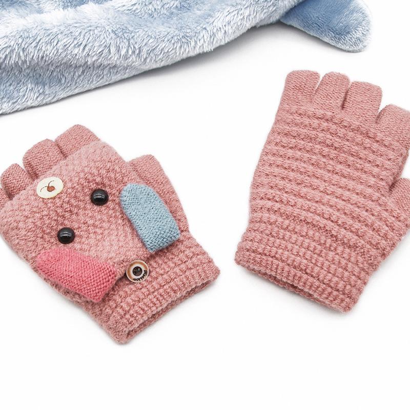 Детские зимние варежки без пальцев с мультяшным котенком - Теплые, милые, вязаные под кашемир для учеников начальной школы