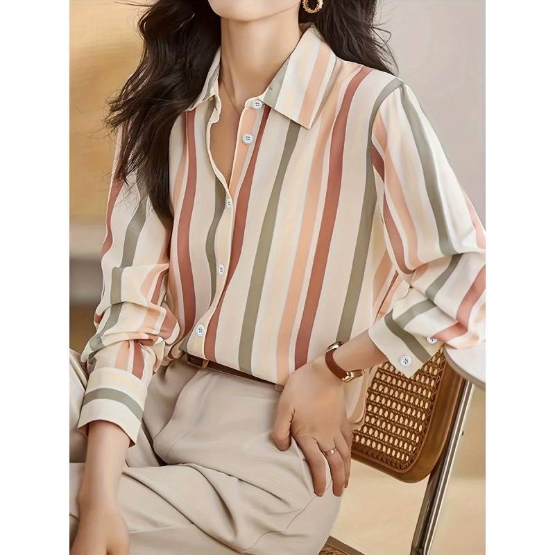 Womens Striped Long Sleeve Shirt With Spliced Fabric For Elegant Office Wear