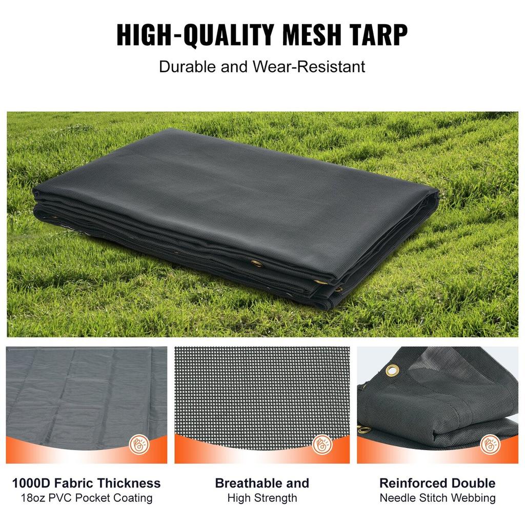 Dump Truck Mesh Tarp, 6 x 14 ft, PVC Coated Black Heavy Duty Cover with 5.5" 18oz Double Pocket, Brass Grommets, Reinforced Double Needle Stitch