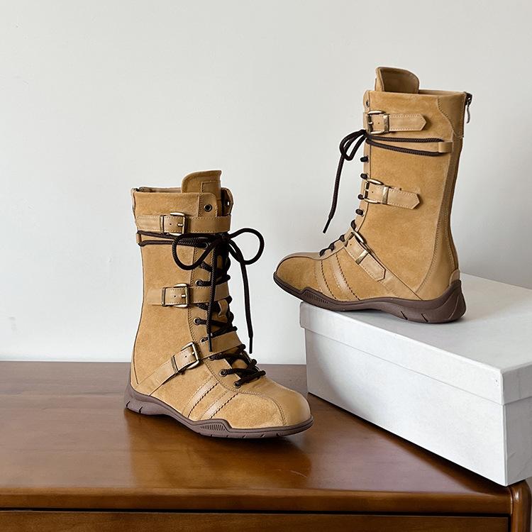 Niche Design Boxing Boots Women's Retro Style Heightening Martin Boots Lace-up Short Boots Mid-tube Western Boots German Training Boots