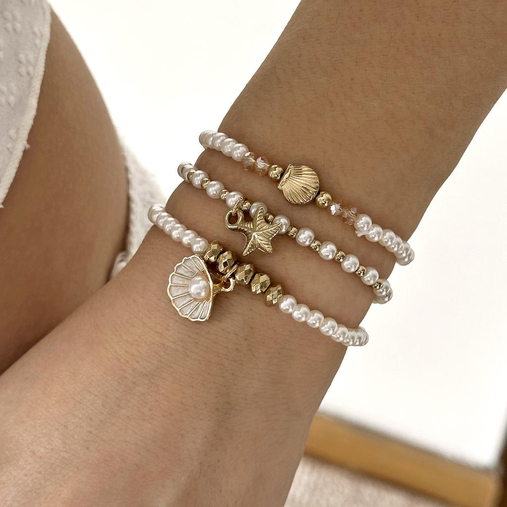 3pcs Classic Metal Starfish Shell Drop Bracelets Set for Women Handmade Imitation Pearls Beaded Bracelets Summer Jewelry Gifts