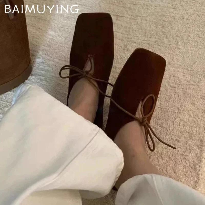 Туфли на плоской подошве с квадратным носком, замшевые туфли с бантом, новые зимние дизайнерские повседневные туфли 2024 года, трендовое платье для прогулок, модные женские туфли